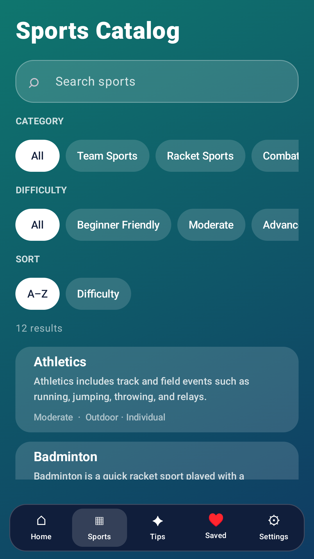 SportSphere Guide catalog screen