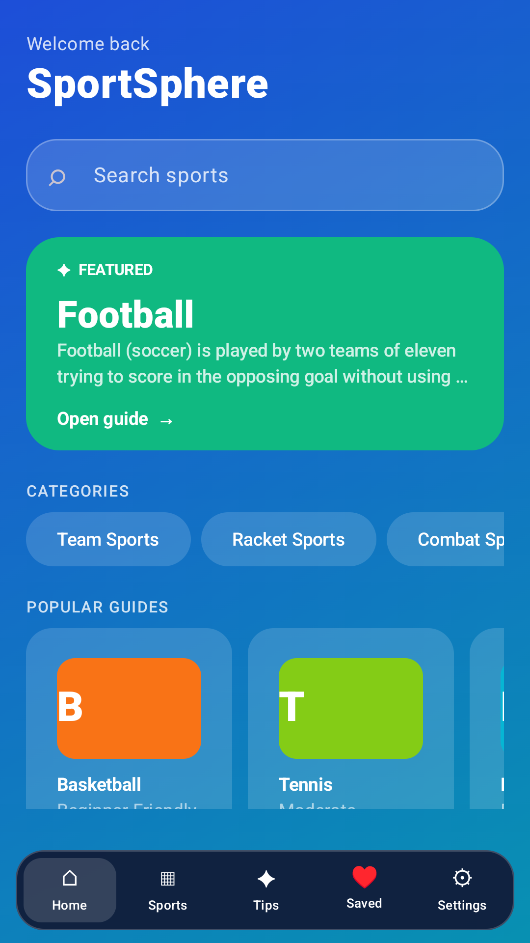 SportSphere Guide home screen