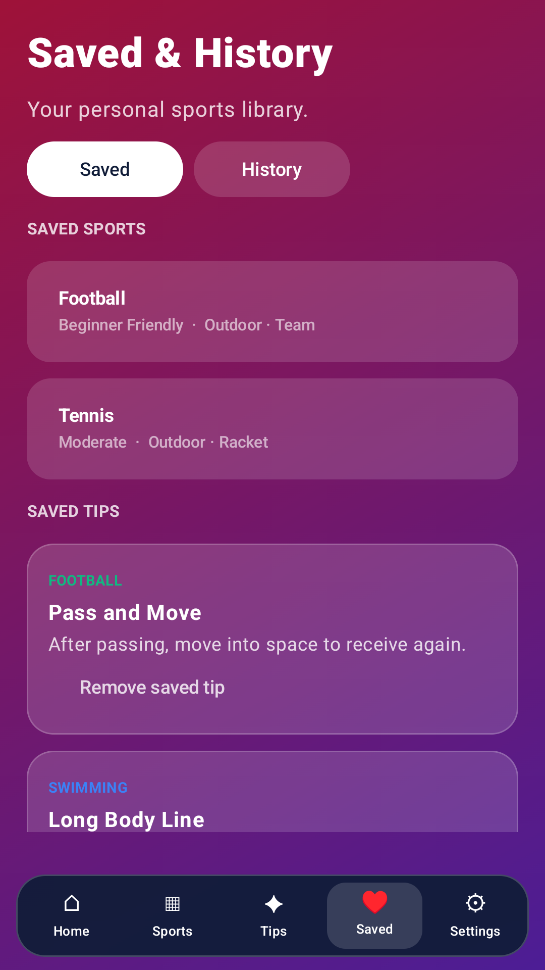 SportSphere Guide saved screen